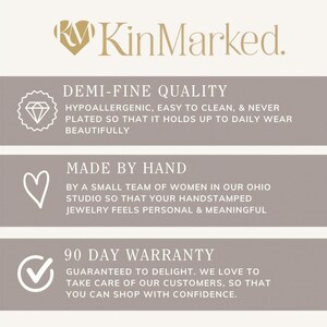 The image is a promotional graphic for a jewelry brand called KinMarked. It features three main sections with text and icons, highlighting the brand's quality, handmade nature, and 90-day warranty.