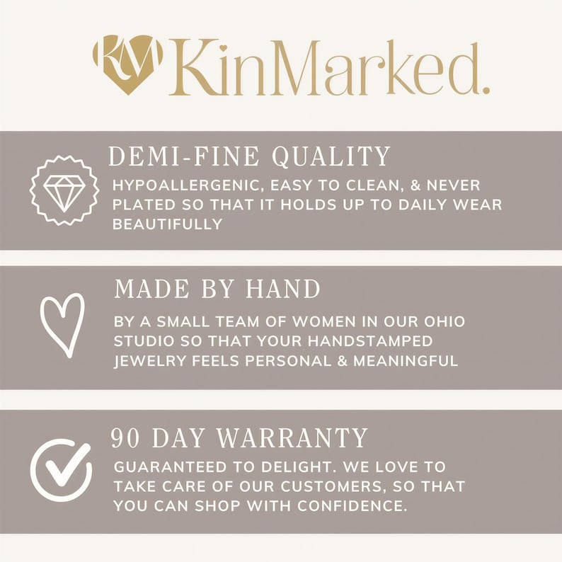 The image is a promotional graphic for a jewelry brand called KinMarked. It features three main sections with text and icons, highlighting the brand's quality, handmade nature, and 90-day warranty.