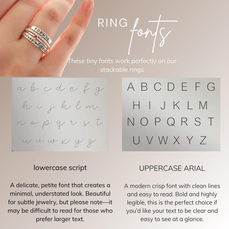 a close-up of a person's hand wearing a ring with multiple stacks of rings on it. The image also includes text that provides information about different font styles and their suitability for use on jewelry.