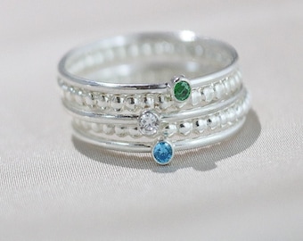 Stackable Birthstone Rings for Mom TINY Sterling Silver Custom Rings Unique Gift for Mothers Day
