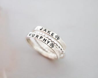 Custom Sterling Silver Pet Name Ring  Stackable Paw Print Jewelry  Personalized Pet Memorial Gift