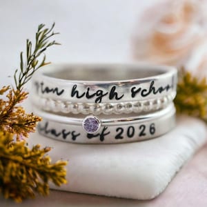 Sterling Silver Stacking Class Ring Set, Personalized School Name