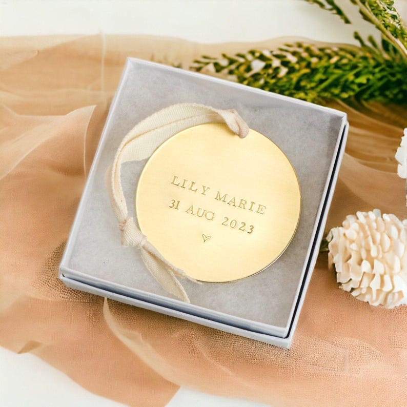 New Baby Ornament, Baby’s First Christmas Ornament, Baby Name Ornament, Brass Ornament, Hand Stamped Personalized Christmas Ornament for Mom image 4