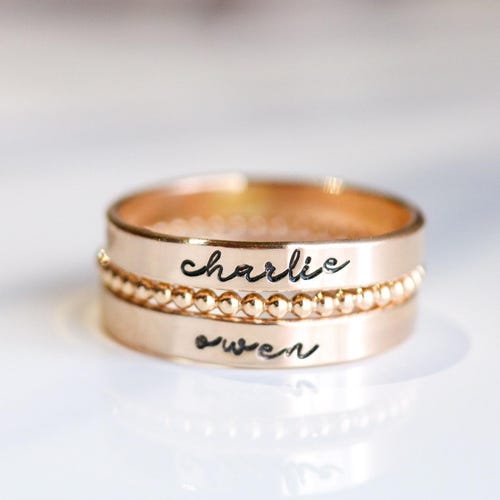 Cursive Name Ring Set Stackable Jewelry With Birthstones