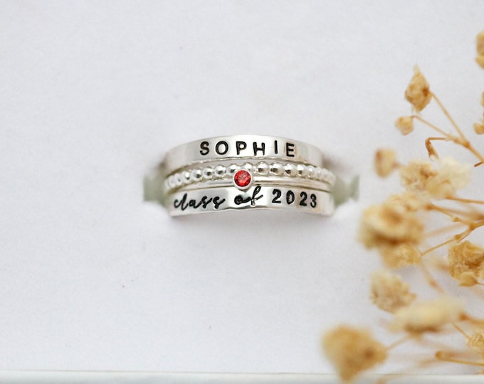 Personalized Class Ring Set, Sterling Silver, Affordable Class Rings, High School Rings, Class of 2024, 2025, 2026, 2027
