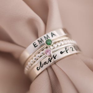 Silver Class Ring Set, TWO School Color Rings, Sterling Silver Modern Class Rings, High School Class of 2024, 2025, 2026, 2027