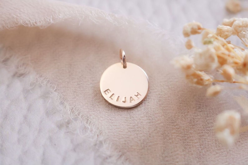 Name Disc Charm, 1/2 Disc, Medium 13mm Disc, 14k Gold Filled or Sterling Silver Add on Name Charm, Replacement Name Disc image 1