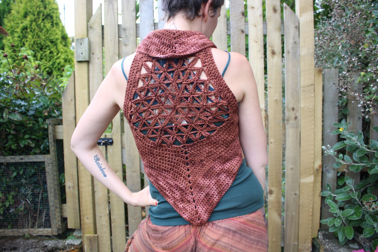 Image of Soft Bark Flower Of Life Crochet Top // Vest Waistcoat % Merino Flower Festival Uk
