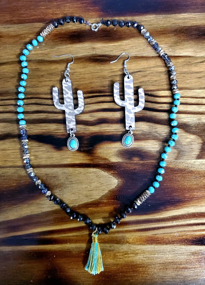 Wood Cactus Cheetah earrings and necklace