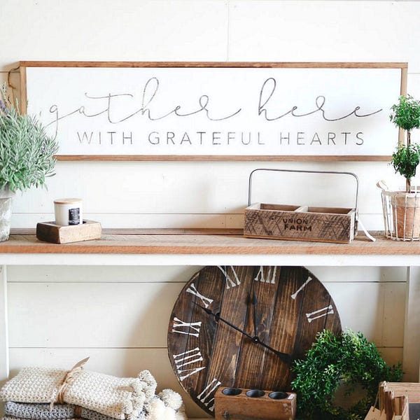 Gather Here With Grateful Hearts Gerahmtes Holzschild Foyer Dekor Wohnzimmer Dekor Esszimmer Dekor