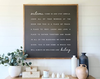 Welcome Come In And Stay Awhile You Will Always Belong Framed Wood Sign Entryway Decor Foyer Decor Living Room Decor