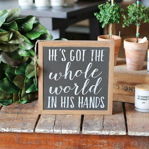He&#39;s Got The Whole World In His Hands Framed Wood Sign Nursery Decor Baby shower gift kids room decor