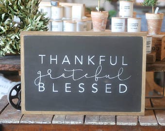 Thankful Grateful Blessed Framed Wood Sign Thanksgiving Decor Fall Decor Kitchen Decor