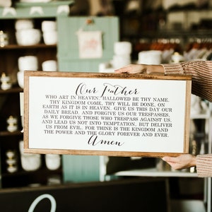 HORIZONTAL The Lord&#39;s Prayer Trespasses Full Our Father Framed Wood Sign Dining Room Decor Living Room Decor