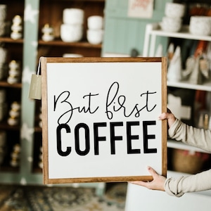 But First Coffee Framed Wood Sign Coffee Bar Kitchen Decor image 1