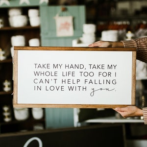 I Can&#39;t Help Falling In Love With You Lyrics Framed Wood Sign Newlywed Anniversary Gift