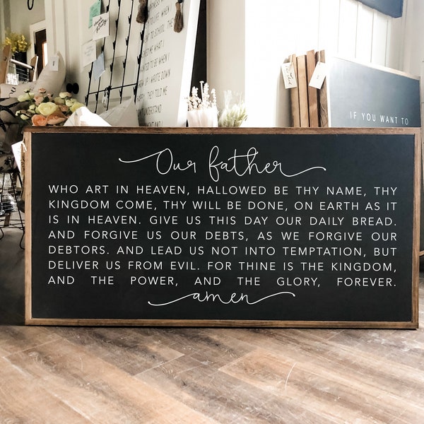 Horizontal The Lord's Prayer Debts Our Father Framed Wood Sign