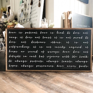 Cursive Love is Patient 1 Corinthians 13:4-8 Horizontal Framed Wood Sign Wedding Shower Gift