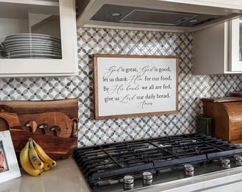 God is great, God is good, let us thank Him for our food Prayer Framed Wood Sign kitchen decor