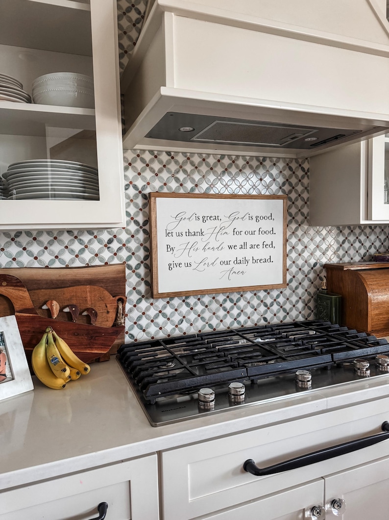 God is great, God is good, let us thank Him for our food Prayer Framed Wood Sign kitchen decor