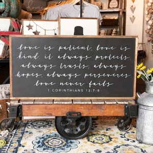 Cursive Love is Patient 1 Corinthians 13:4-7 Horizontal Framed Wood Sign Wedding Shower Gift