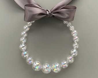 Glass Bubble Statement Necklace Grey Satin Ribbon bow tie aurora borealis AB customizable changeable