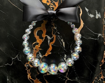 Glass Bubble Statement Necklace Black Satin Ribbon bow tie aurora borealis AB customizable changeable