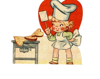 Little Girl Chef  Vintage Valentine 1940s Digital - INSTANT DOWNLOAD JPEG file