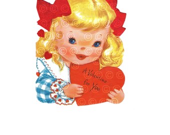 May include: A vintage Valentine's Day card featuring a girl with blonde hair and red bows holding a red heart that says "A Valentine for You".