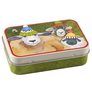 Emma Ball HAPPY SHEEP in HATS hinged tin, notions tin, sheep tin