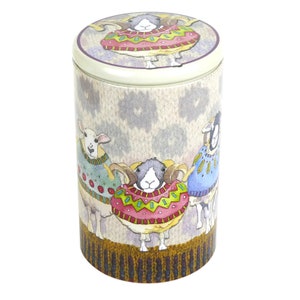 Emma Ball SHEEP IN SWEATERS tall round caddy, notions tin, sheep tin