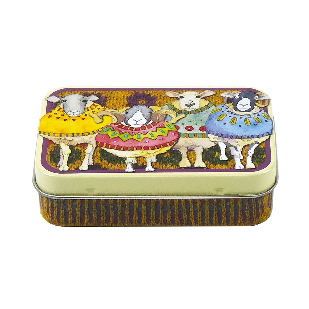 Emma Ball SHEEP IN SWEATERS hinged tin, notions tin, sheep tin