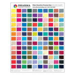 May include: Color chart for Dharma Trading Company's fiber reactive precision dye. The chart shows 100 different colors of dye, arranged in rows and columns. Each color is represented by a small square of fabric dyed with that color.