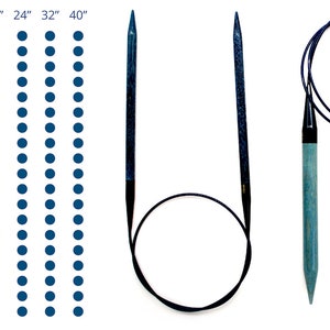 May include: A set of interchangeable knitting needles with a variety of sizes, ranging from US 0 to US 17. The needles are shown in a chart with their corresponding sizes in inches and millimetres. The needles are also shown in a close-up image, with the tips of the needles visible.