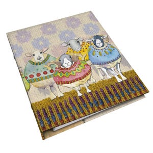 May include: A group of five sheep wearing colourful knitted jumpers stand on a patterned background. The sheep are all facing forward and have different coloured jumpers. The background is a light brown with a pattern of purple and yellow stripes.