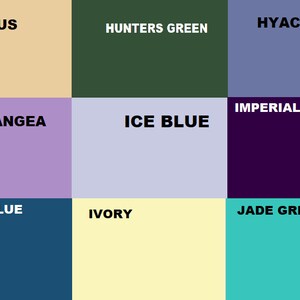 May include: A color chart with nine squares, each displaying a different color with the name of the color written in white text. The colors are: Hummus, Hunters Green, Hyacinth, Hydrangea, Ice Blue, Imperial Purple, Indigo Blue, Ivory, and Jade Green.