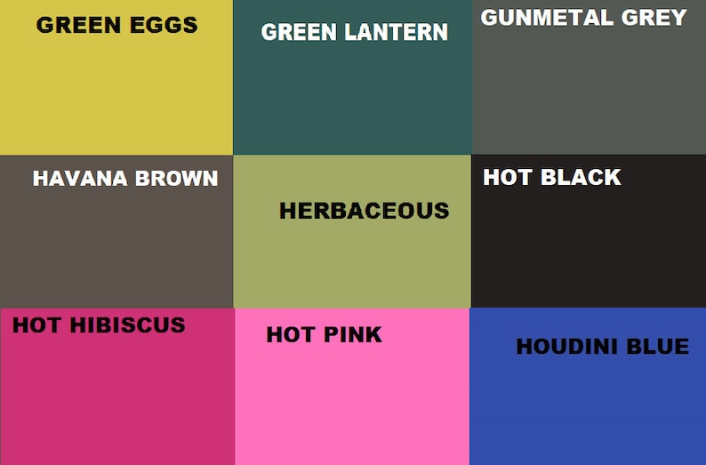 May include: A color chart with nine different color swatches. The colors are: Green Eggs, Green Lantern, Gunmetal Grey, Havana Brown, Herbaceous, Hot Black, Hot Hibiscus, Hot Pink, and Houdini Blue.