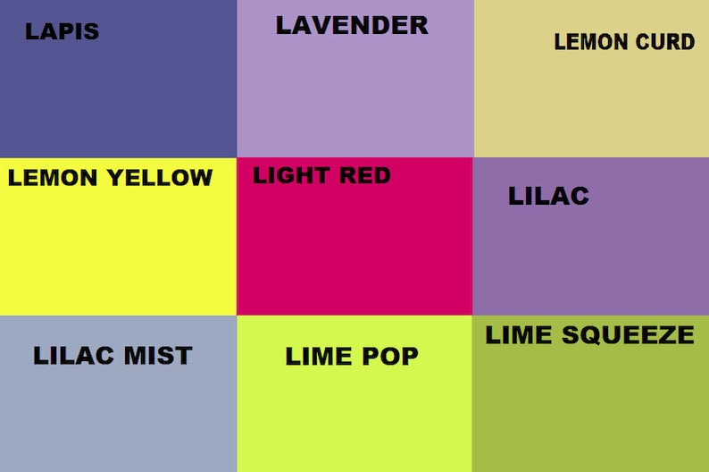 May include: A color chart with nine squares, each displaying a different color with a name written in black text. The colors are: lapis, lavender, lemon curd, lemon yellow, light red, lilac, lilac mist, lime pop, and lime squeeze.