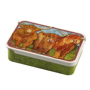 Emma Ball HIGHLAND COOS pocket tin, small notions tin