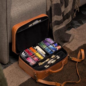 Può includere: Un kit da cucito in pelle marrone con chiusura a zip e tracolla. Il kit è aperto e pieno di bobine di filo da ricamo colorato, aghi e altri accessori per cucire.