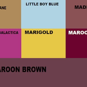 May include: A color chart with nine squares showing different shades of brown, pink, yellow, blue, and red. The squares are labeled with the following names: Lion's Mane, Little Boy Blue, Madrone, Magenta Galactica, Marigold, Maroon, Maroon Brown.