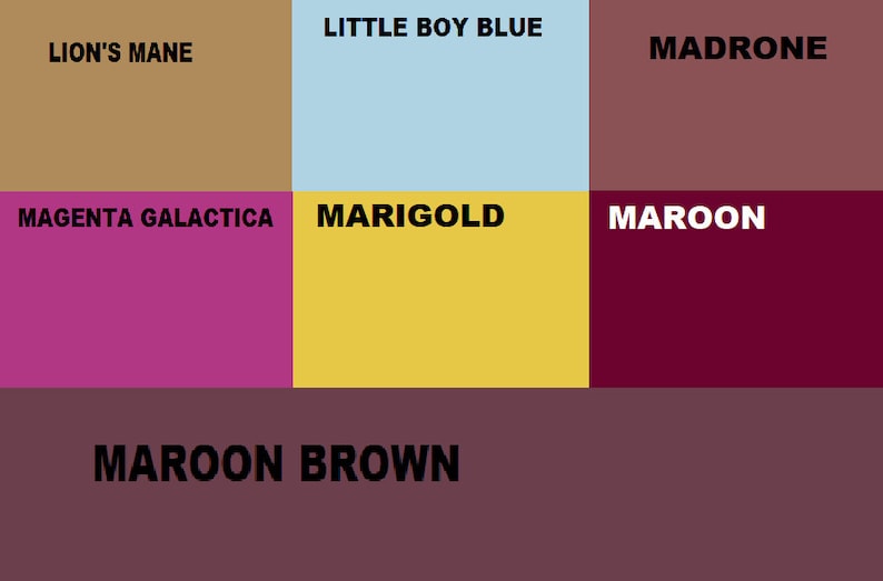 May include: A color chart with nine squares showing different shades of brown, pink, yellow, blue, and red. The squares are labeled with the following names: Lion's Mane, Little Boy Blue, Madrone, Magenta Galactica, Marigold, Maroon, Maroon Brown.