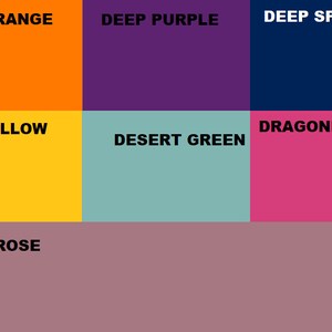May include: A color chart with nine different color swatches. The colors are: deep orange, deep purple, deep space, deep yellow, desert green, dragonfruit, dusty rose.