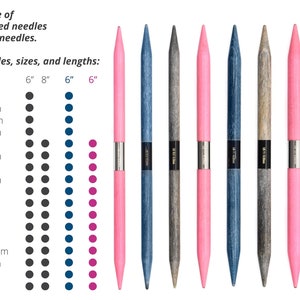 Könnte beinhalten: Eine Tabelle, die die Größen und Längen von Doppelspitzennadeln zeigt. Die Nadeln sind in rosa, blau und grauem Holz erhältlich. Die Tabelle zeigt Größen von US 0/2 mm bis US 13/9 mm. Die Nadeln sind in Längen von 6 Zoll und 8 Zoll erhältlich.