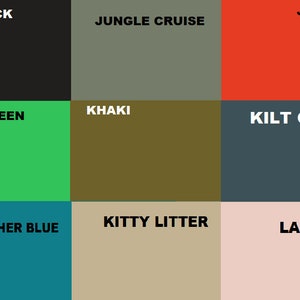 May include: A color chart with nine different color swatches. The colors are: Jet Black, Jungle Cruise, Jungle Red, Kelly Green, Khaki, Kilt Green, Kingfisher Blue, Kitty Litter, and Lamb's Ear.