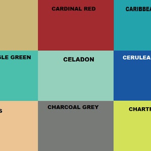 May include: A color chart with nine different color swatches. The colors are camel, cardinal red, caribbean blue, cayman isle green, celadon, cerulean blue, charcoal grey, chamois, and chartreuse.