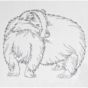 May include: Line art drawing of a badger with a white background. The badger is facing to the left and has a thick coat of fur.