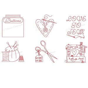 May include: A set of six red embroidery designs featuring sewing-themed images, including buttons, a heart with a button, scissors, a sewing machine, a pincushion, and the words "Love to Sew".