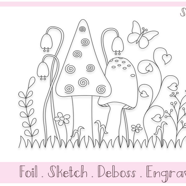 Single Line SVG File For Foil Quill / Sketch Fantasy Toadstools by Titania Creations, Instant Download.