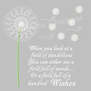 May include: A white dandelion with a green stem and a quote that reads: "When you look at a field of dandelions You can either see a field full of weeds... Or a field full of a hundred Wishes"
